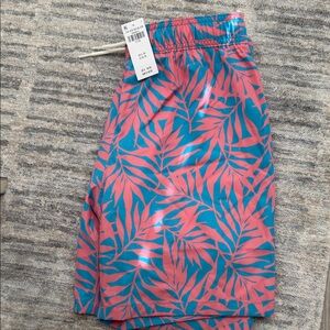 Abercrombie & Fitch Kids Teal and Coral Leaf Print Swim Trunks